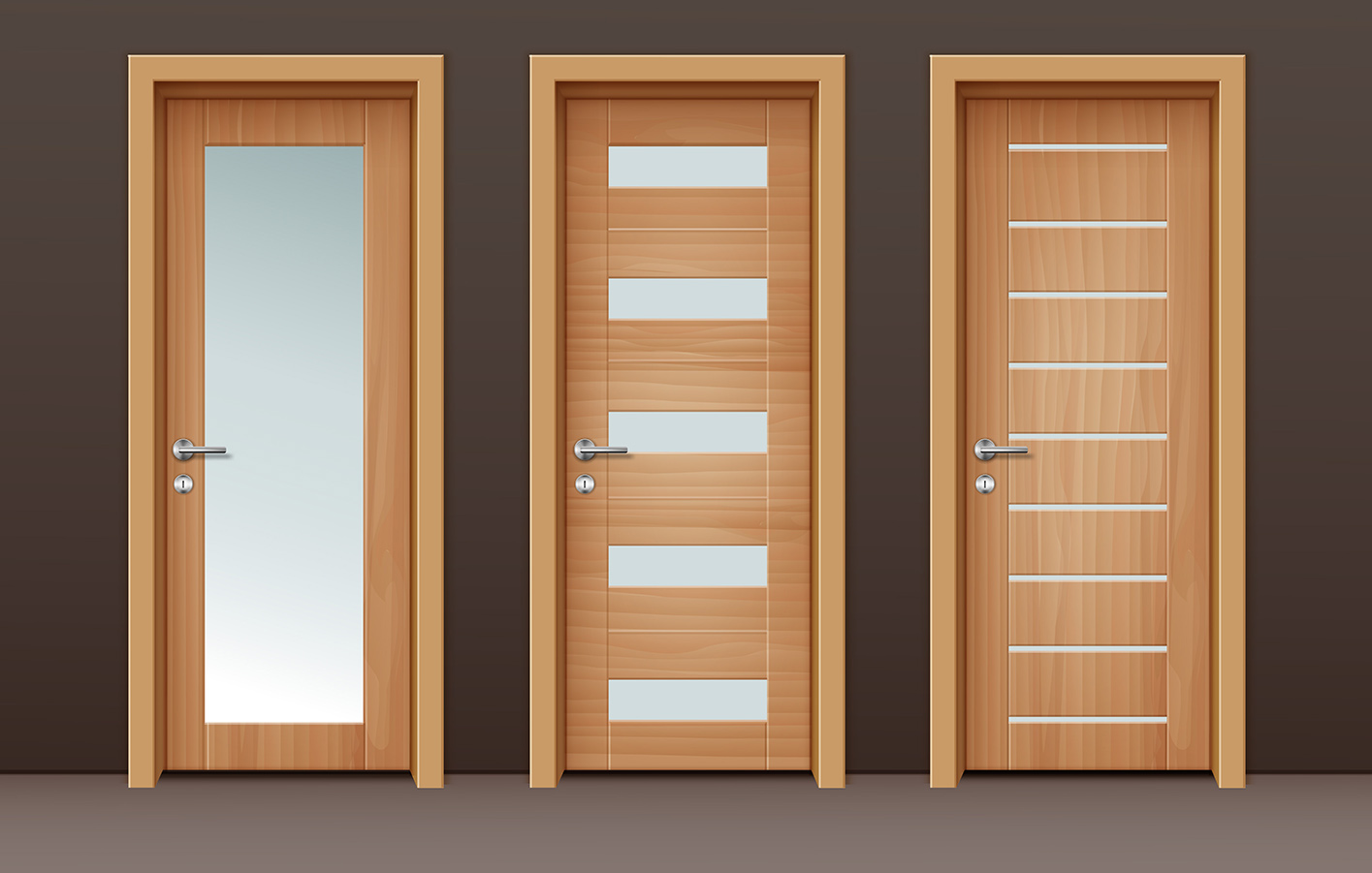Drei Zimmertüren aus Holz mit Glaseinsätzen.